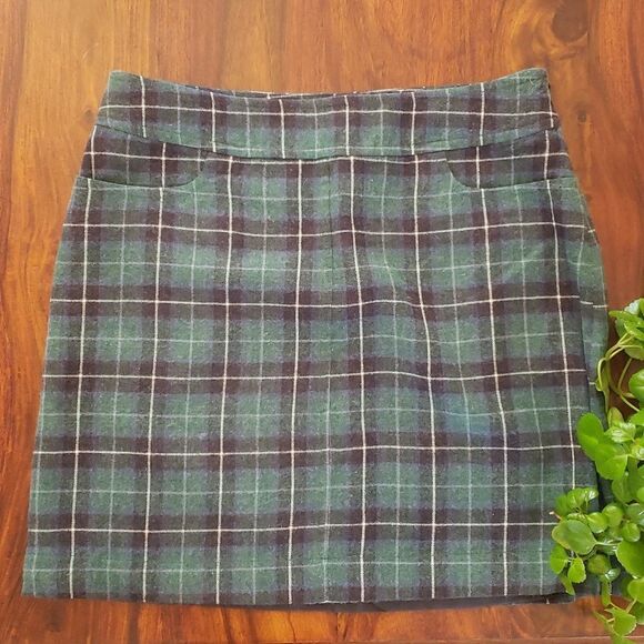 MERONA Tartan Plaid Wool Skirt Green Black Blue Pockets - Picture 1 of 9